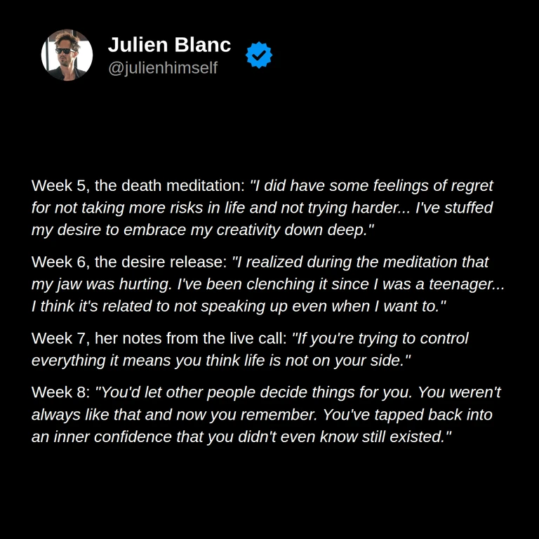 Sandra reflects on suppressed creativity, noticing tension during meditation, her notes about control, and reclaiming confidence in her decisions.