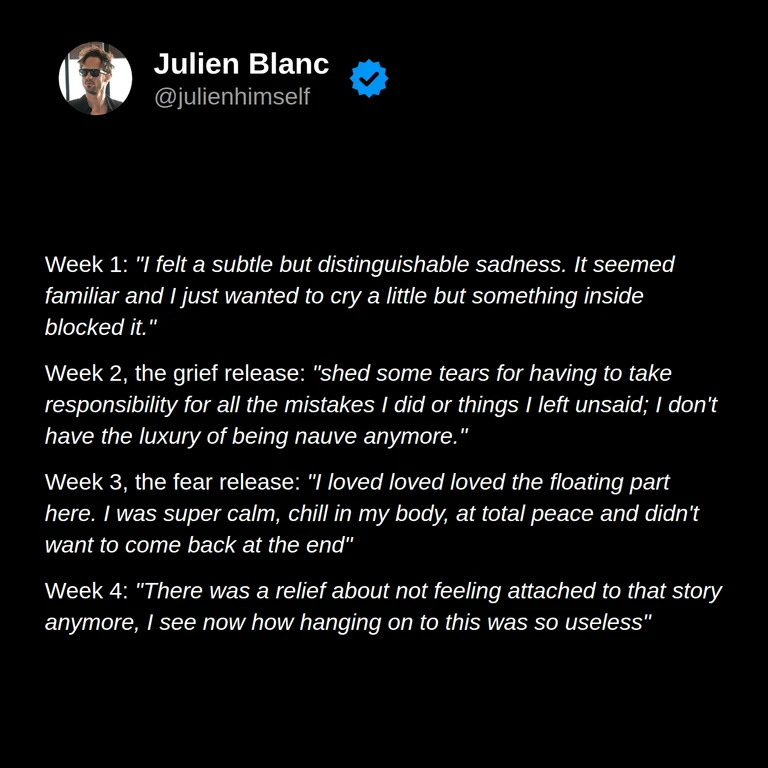 Simon reflects on sadness, tears during a grief exercise, feeling calm and at peace, and relief from letting go of a story he had held onto.
