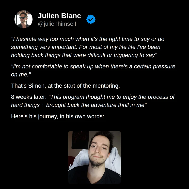 Simon’s story: he describes hesitating to speak and holding important things back, then learning to enjoy difficult experiences and rediscovering a sense of adventure.