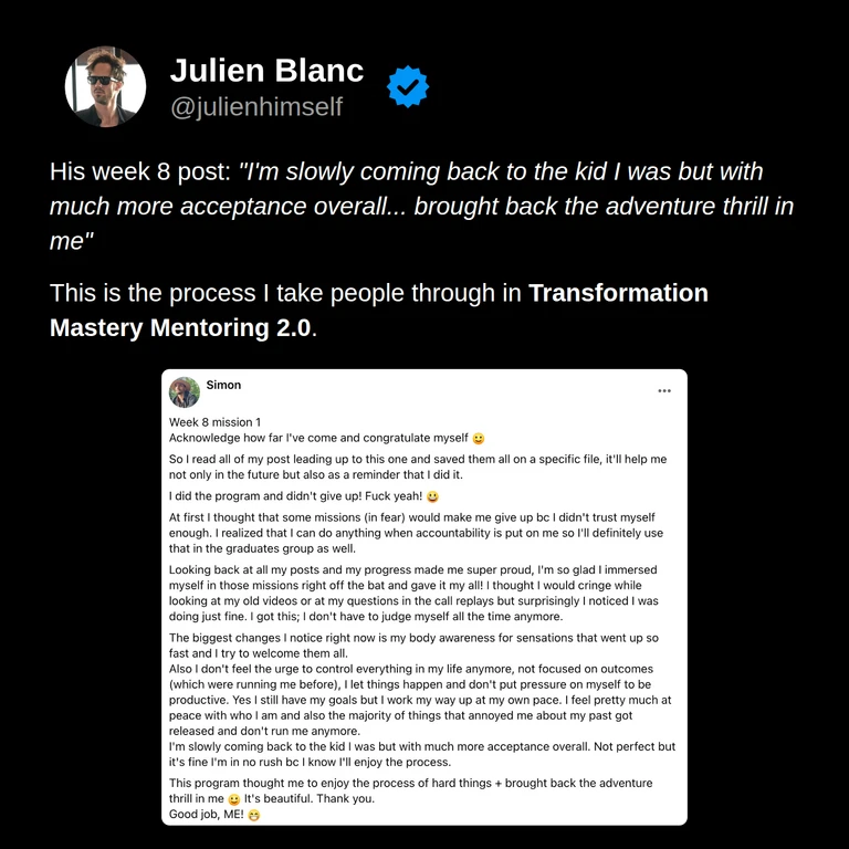 Simon’s original week 8 post celebrates completing the program, greater self-acceptance and body awareness, moving at his own pace, and rediscovering adventure.