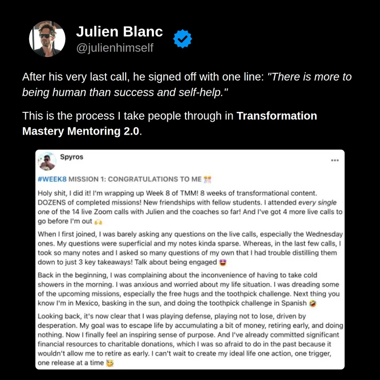 Spyros’s final reflection that there is more to being human than success and self-help, with his original group recap from Transformation Mastery Mentoring 2.0.