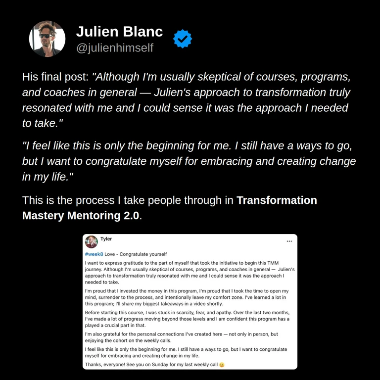 Tyler’s original week 8 post describes why the approach resonated despite his skepticism, the connections he made, and his progress while acknowledging he still has work to do.