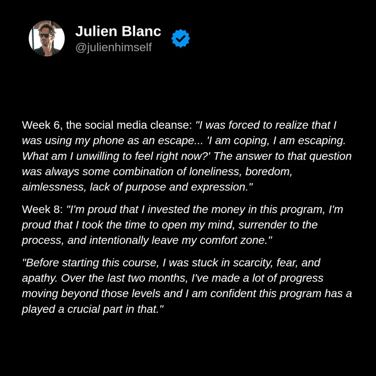 Tyler describes recognizing how he used his phone to escape uncomfortable feelings and feeling proud of leaving his comfort zone and making progress over eight weeks.